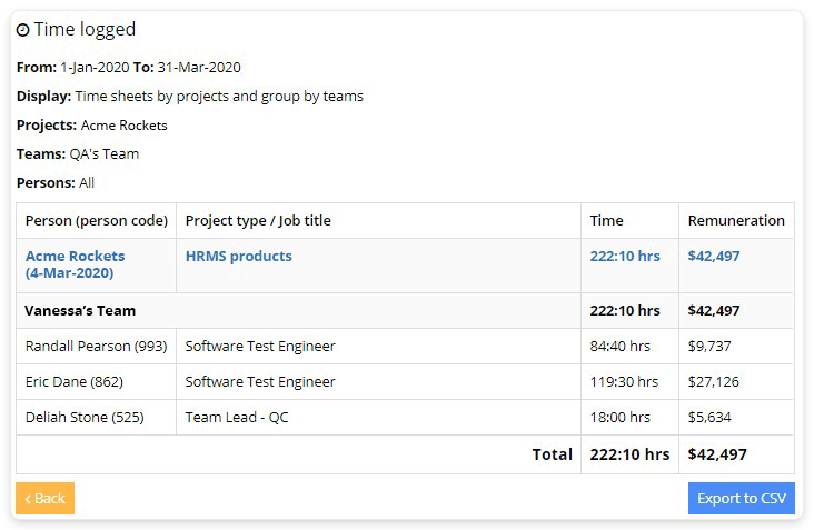 Individual productivity & profitability by project showing time investment by person