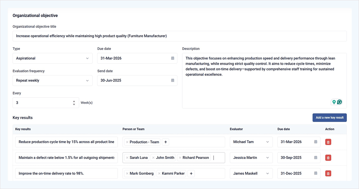 Furniture Manufacturer OKRs - AssessTEAM